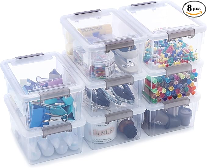 Anywish 8 Packs Small Storage Bins 1.3 QT Plastic Storage Container Stackable Box with Lids for Organizing Clear White