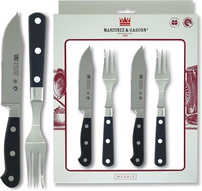 Wayne Steak Knife and Fork Set – Serrated Blade – Durable POM Resin Handle - The Perfect Tools for Enjoying your BBQ - Set of 2 Knives &amp 2 Forks - Made in Spain