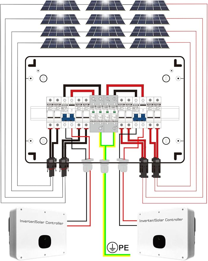 DIHOOL PV Solar Combiner Box with Lightning Surge Protector Arrester 4 String 4 in 2 Out 25A 500V DC Breaker Fuse Inline Box for 4 Arrays and 2 Inverters