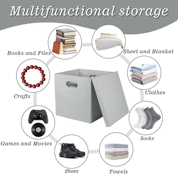 Storage Bins with Lids Collapsible Linen Fabric Boxes Organizer Containers with Lid Foldable Storage Box Basket for Closet Shelves Home Office 11 x 11 x 11.4 Inch 4 Pack Gray