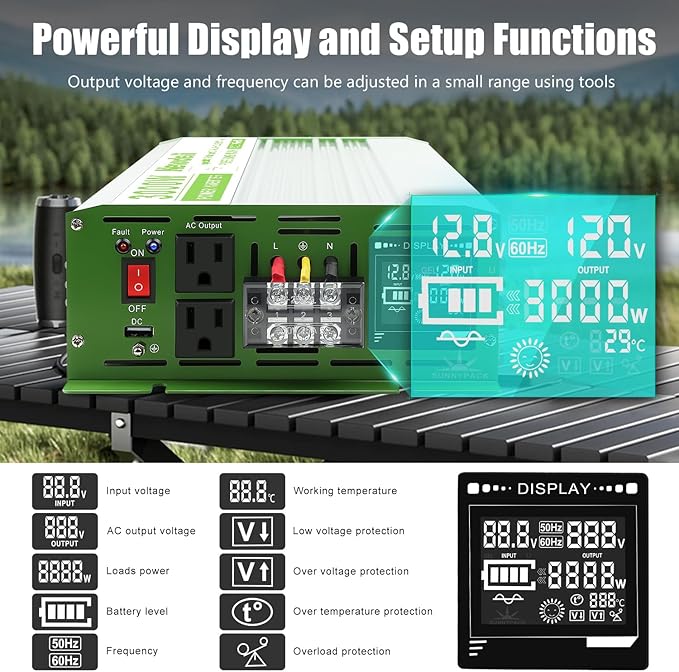 Newdeli 3000 Watt Pure Sine Wave Power Inverter 12V DC to 110V 120V AC Car Power Inverter for Vehicles Car Truck RV Solar Home- Car Inverter with 2 AC Socket 3.4A USB Remote Controller LCD Display