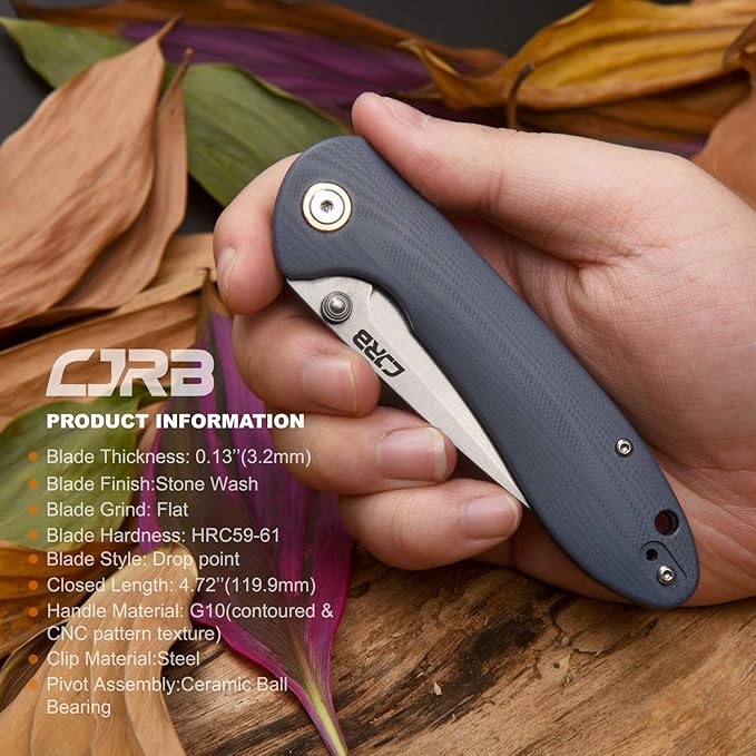 CJRB Folding Knife Feldspar Pocket Knife Stonewash AR-RPM9 Steel Blade G10 Handle EDC Knife Blue Handle-Large(J1912)
