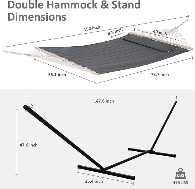 SUNCREAT 2 Person Hammock with Stand Heavy Duty Portable Hammocks 475 lbs Capacity Dark Grey