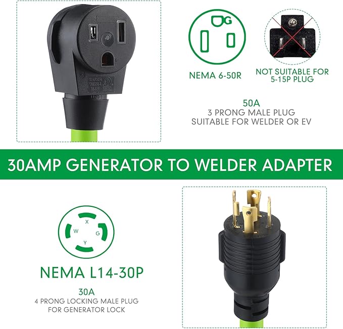 Kanayu 10 ft NEMA L14-30P to 6-50R Welder Extension Cord 4 Prong Generator to 3 Prong Welder Power Adapter Cord 30 Amp Generator Locking Plug Connector to Welding 10 AWG ETL Listed