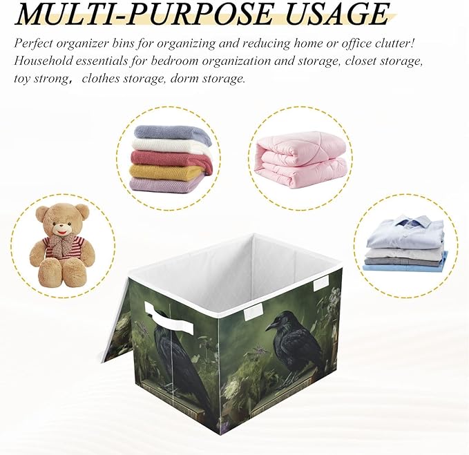 Storage Cube with Lid Collapsible Raven Book Flower Print Large Capacity Foldable Storage Basket Bin Organizer 16.5×12.6×11.8 IN