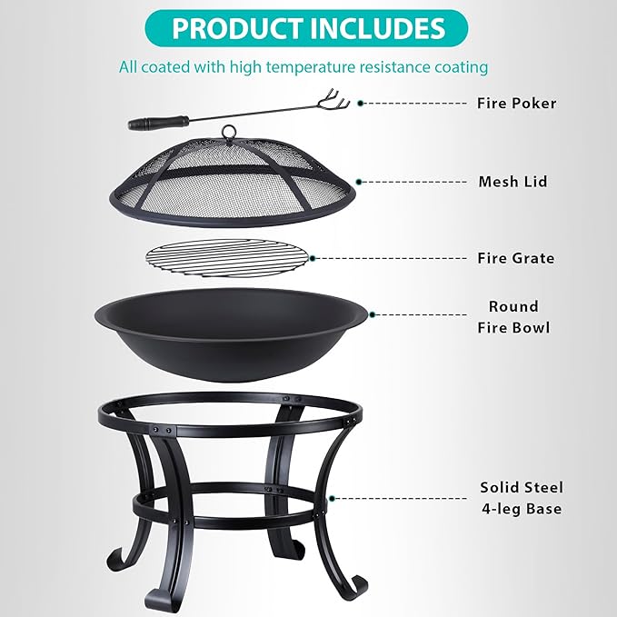 22Inches Fire Pit Outdoor Steel Wood Burning BBQ Grill Firepit Bowl Fireplace with Mesh Screen &amp Fire Poker Log Grate