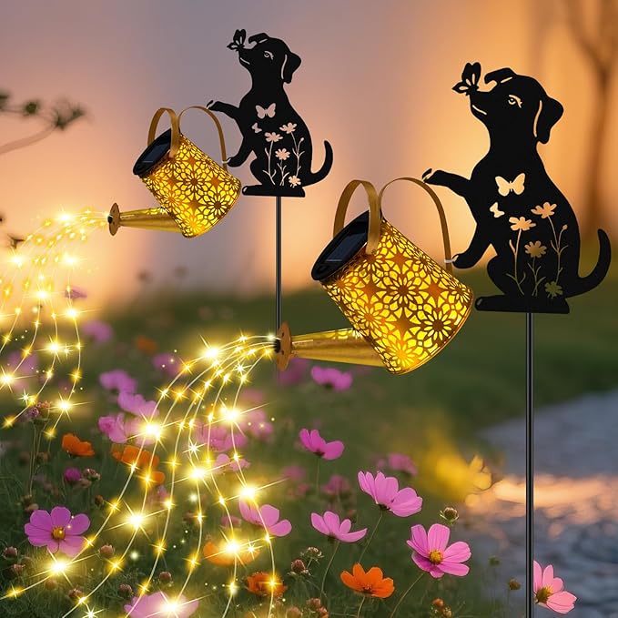 Solar Lights Outdoor Decorative Watering Can with Cascading Lights with Dog Silhouette Garden Stakes Waterproof Metal Garden Decor Mom 2 Pack