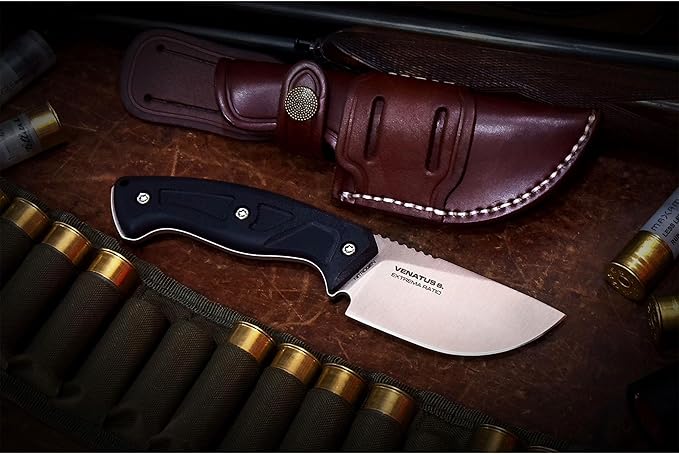 Extrema Ratio - Venatus S (Nitrogen Black Satin) Fixed Blade Knife Nitrogen Steel Satin Finish Full Tang Construction Walnut/G10 Handle Ambidextrous Leather Sheath