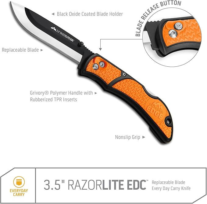 OUTDOOR EDGE 3.5 RazorLite EDC Knife. Pocket Knife with Replaceable Blades and Clip. Perfect For Hunting &amp Skinning Deer. Blaze Orange with 30 Blades.