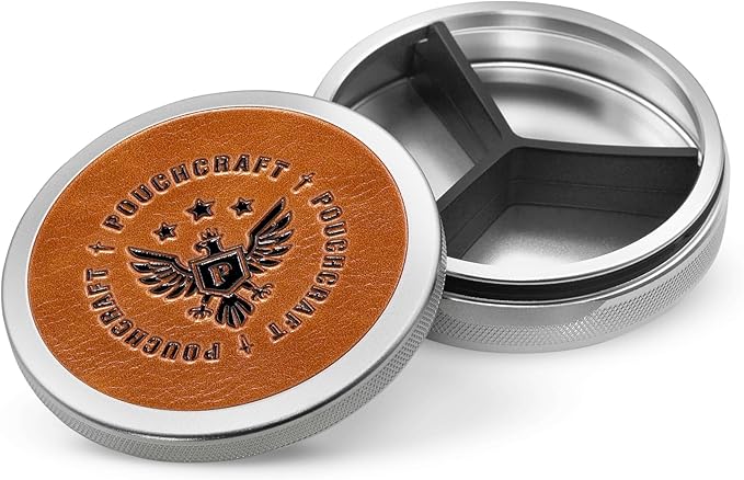 Leather-Faced Metal Pouch Can | Aluminum Container for Pouches with Removable Silicone Divider | Airtight O-Ring Moisture Odor Proof EDC Pocket Tin | Insignia Edition (Silver)