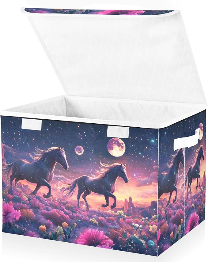 Storage Cube with Lid Surreal Horses Print 16.5×12.6×11.8 IN Collapsible Large Capacity Foldable Storage Basket Bin Organizer