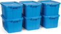 Rubbermaid Roughneck Tote 14 Gal 6 Pack Made in USA Heritage Blue Rugged Plastic Stackable Storage Bins with Lids and Handles