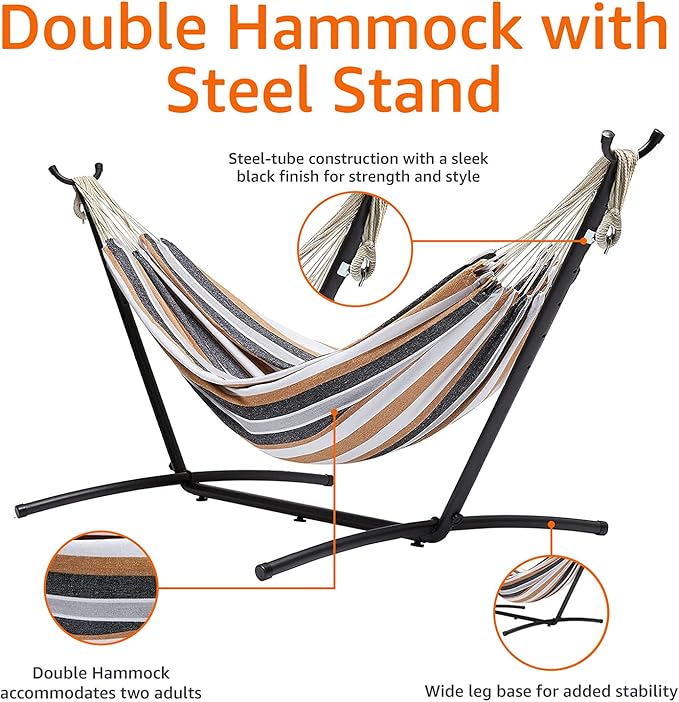 Amazon Basics Double Portable Hammock with Space Saving Steel Stand and Carrying Case 2 Person 470lb Capacity Multi Color 118 x 46 x 39