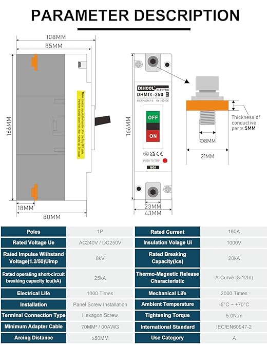 DIHOOL Main 160 Amp DC Circuit Breaker 240V Battery Disconnect Switch Master Switch for Car RV Marine Boat Truck Trolling