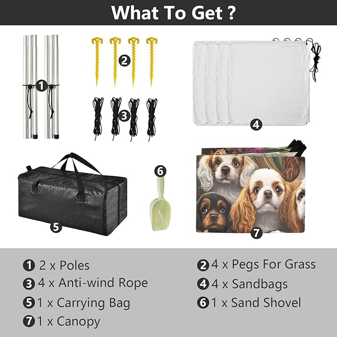 ALAZA Charles Cavalier Dog Puppy Beach Tent Sun Shelter UPF50+ Protection Beach Shade Canopy w/ 4 Sandbags for Outdoor Camping Fishing Backyard Fun Picnic 10x9 ft