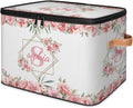 Custom Initials Storage Bins with Lid Foldable Personalized Storage Basket Boxes with Handle Pink Flower Shelf Basket Closet Organizer Cube