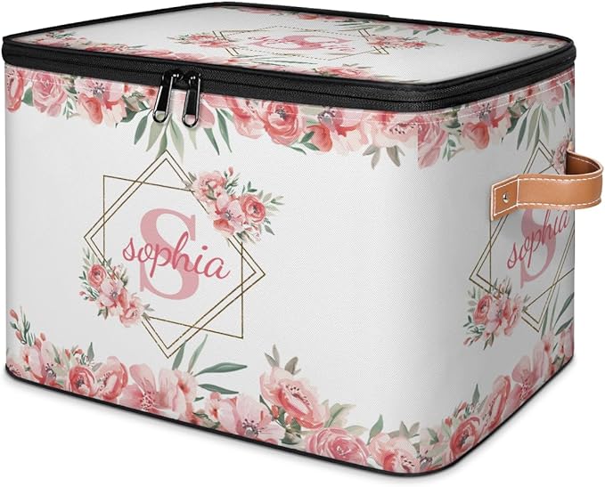 Custom Initials Storage Bins with Lid Foldable Personalized Storage Basket Boxes with Handle Pink Flower Shelf Basket Closet Organizer Cube