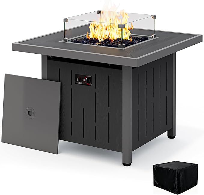 SERWALL 33 Outdoor Fire Pit Table 50000 BTU Square Propane Fire Pit Table with Lid Glass Rock &amp Glass Wind Guard HDPE Outdoor Furniture for Patio Garden Backyard Black
