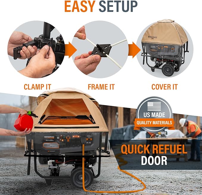 GenTent XL Open Frame Running Cover – Universal Kit Generator Tent for Larger Generators (Tan XL - Plus)