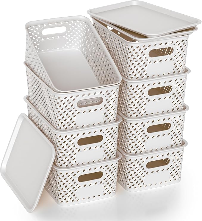 Plastic Storage Bins with Lid Stackable Small Box Basket for Organizing and Containers for Shelves Drawers Desktop Closet Playroom Pantry Classroom Office Home 8-pack 10.2x7.2x4.1 Inch White