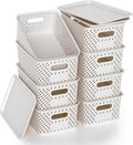 Plastic Storage Bins with Lid Stackable Small Box Basket for Organizing and Containers for Shelves Drawers Desktop Closet Playroom Pantry Classroom Office Home 8-pack 10.2x7.2x4.1 Inch White
