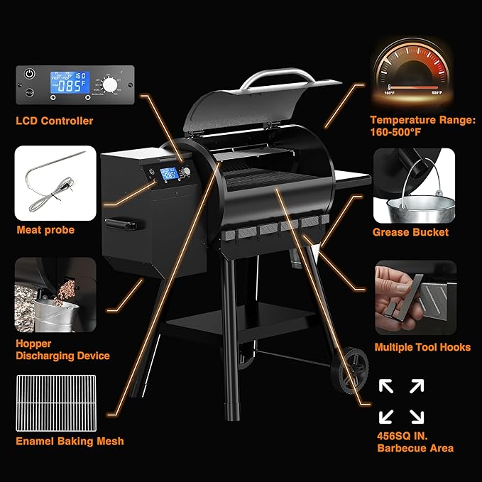LCD Control Wood Pellet Smoker Grill 456 SQ. IN Cook Area Pellet Grill with Auto Feed &amp Leaking Waste 500°F Max Temperature 8 in 1 BBQ Grill with Meat Probe Side Table with Hooks(Black)