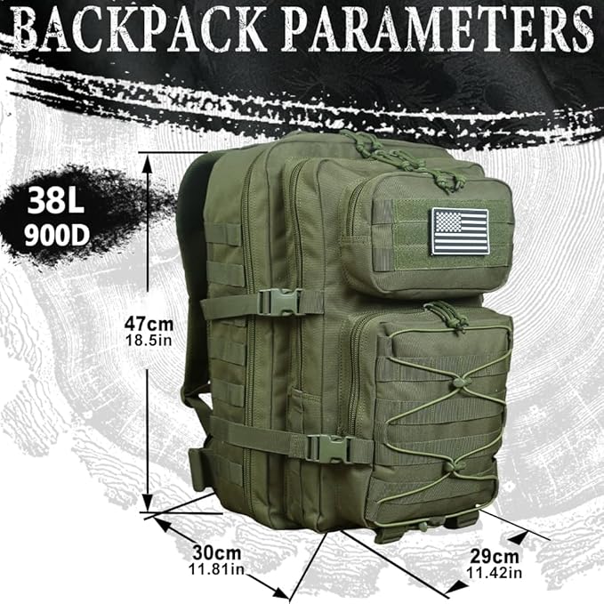 38L Military Tactical Backpack for Men Army 3 Day Assault Pack Molle Bag Bug Out Bag Green