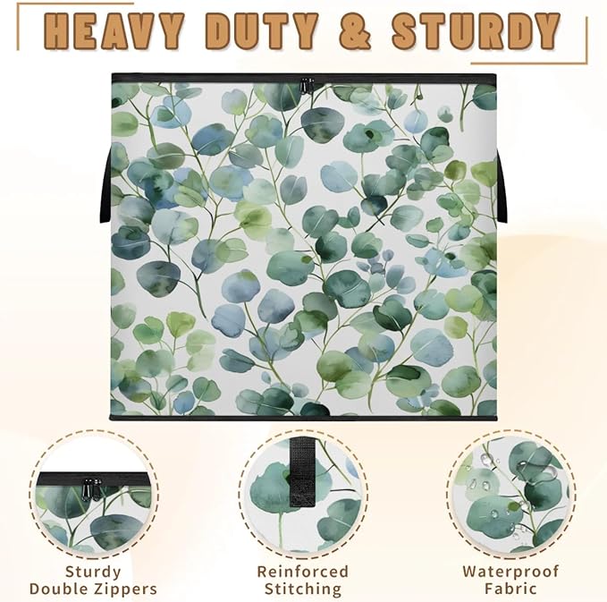 XL Large Clothes Storage with Lid Handle Green Eucalyptus Large Thick Clothes Blanket Storage Containers for Organizing Bedroom Closet Comforter Organization Storage Natural Plant Leave