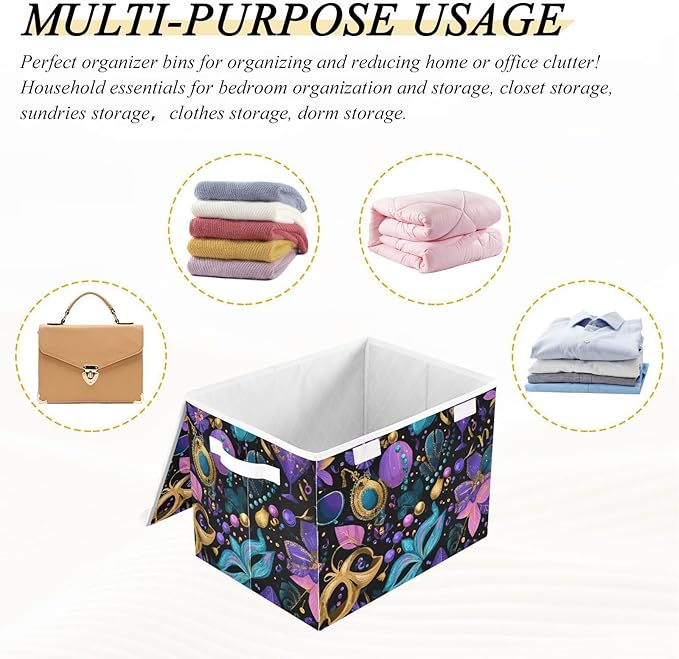 Puprle Shrove Tuesday Mask Plant Storage Box with Lid 1 PC Foldable Storage Bin with Lids Stackable Storage Bins Cube Closet Organizer Basket with Flip-Top Lid &amp Handles for Shoes Books Towels