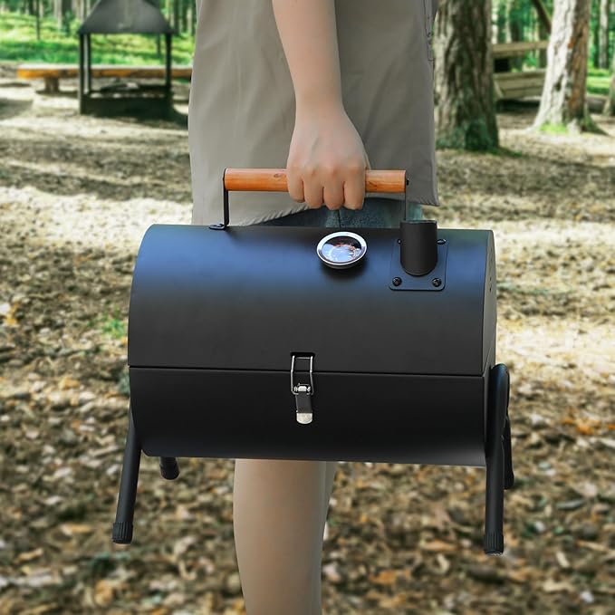 REDCAMP Portable Charcoal Grill with Thermometer Heavy-Duty Thick Steel &amp Foldable Design Compact Small Tabletop Barbecue Grillfor Camping Backyard Beach - Easy Assembly Dual Grilling Zones