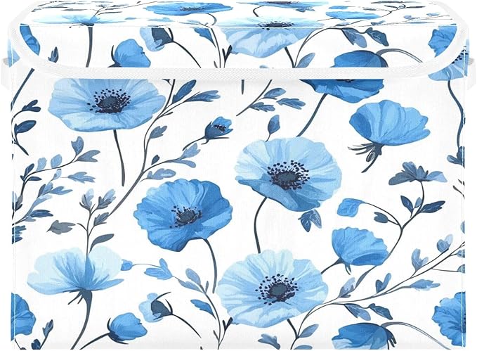 Blue Poppy Flowers and Branches Collapsible Storage Bins with Lids Decorative Fabric Cubes Closet Organizer Basket Boxes Containers for Clothes Box Chest Folding Rectangle
