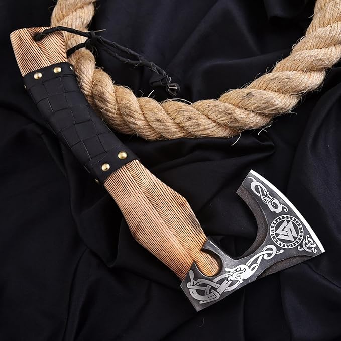 Handmade Viking Axe – Carbon Steel Blade with Ashwood Handle – Norse Hatchet for Outdoor Camping &amp Hunting Black Leather Wrapped Handle with Leather Sheath Wood Splitting Axe Viking Gifts for M