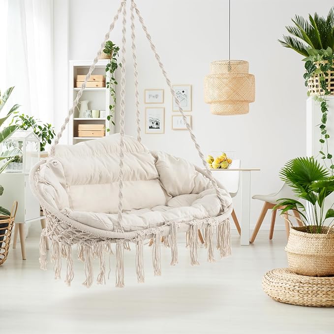 Tangkula 2-Person Hanging Hammock Chair Boho Style Macrame Hammock Swing with Soft Cushions Tassels Indoor Outdoor Cotton Rope Hanging Swing Chair for Bedroom Porch Balcony