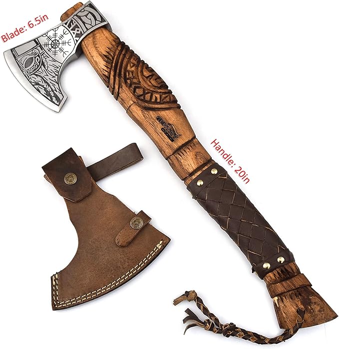 Gentry Choice Engraved Viking Axe Hatche – Hand Forged Blade Ash Wood Handle Leather Wrapped Grip Cowhide Sheath Double Head Design