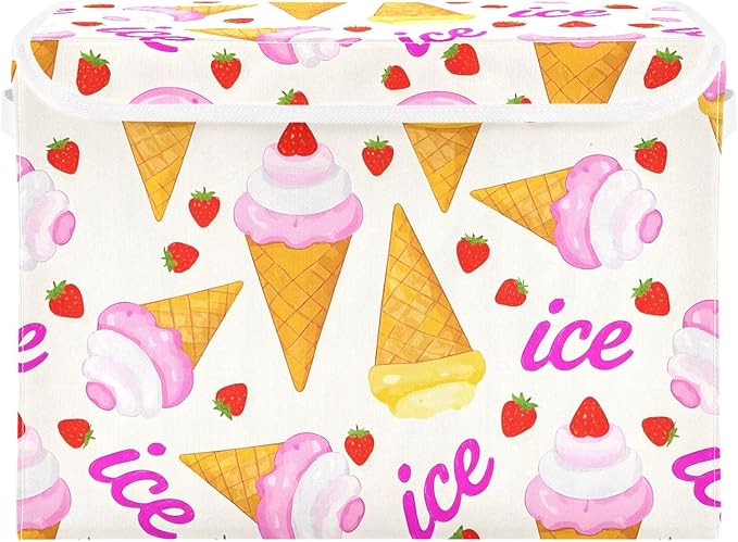 ALAZA Ice Cream Cone Strawberry Storage Bins Organizer Box Baskets Lidded Clothes for Shelves Closet Collapsible Stackable Storage Cubes Handles