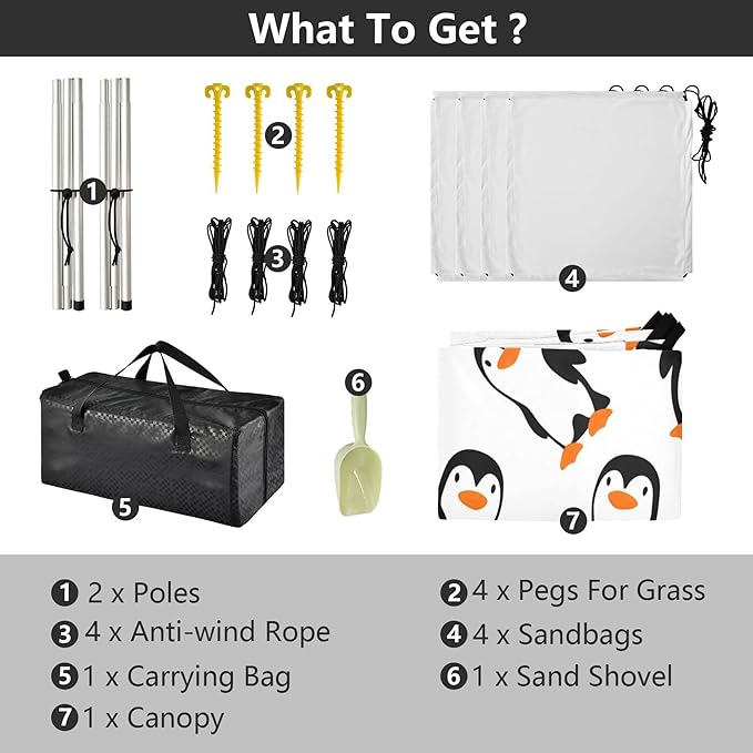 Penguin Beach Canopy Sun Shelter with Sandbags &amp Sand Shovel &amp Windproof Ropes - Portable 110x126 Beach Shade Beach Tent for Camping Picnics
