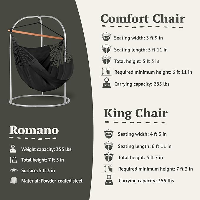 LA SIESTA - XL King Habana Cotton Hammock &amp Romano Steel Stand - Indoor Outdoor Hanging Chair Swing for Bedroom Porch Balcony - Boho Hanging Chair - Onyx
