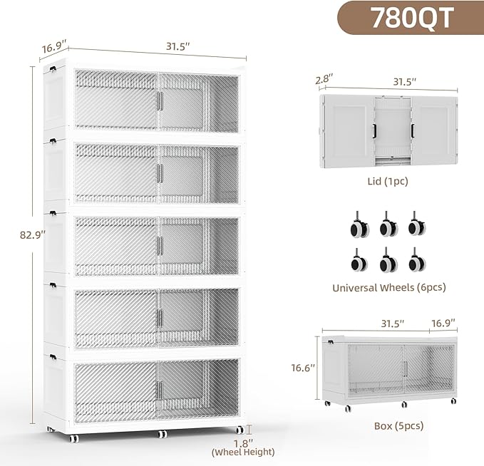 SAILUN 250Gal Extra Large Stackable Storage Bins with a Lid Collapsible Storage Bins With Doors and Wheels Foldable Storage Cabinet for Garage Closet Organization White 4Pack