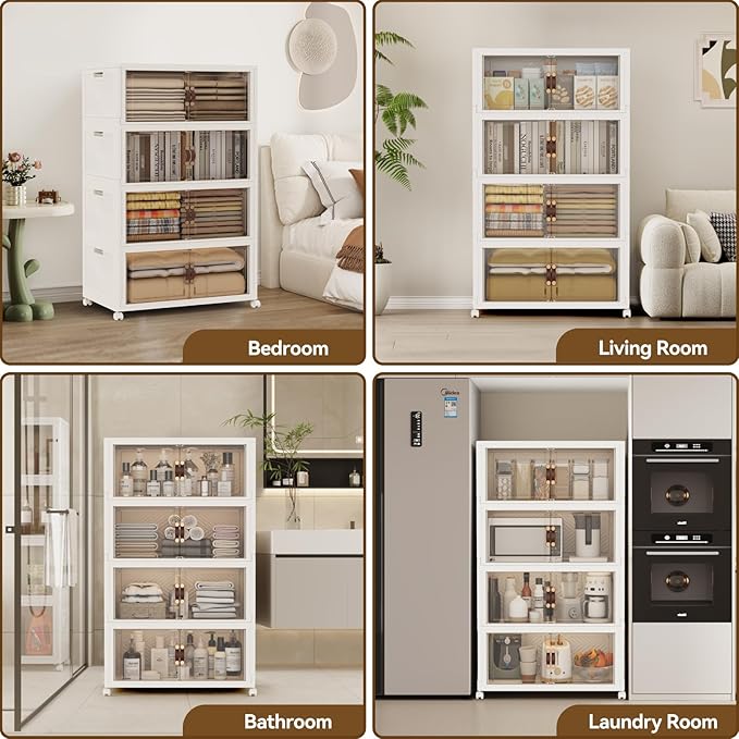 SAILUN 674QT/168Gal Stackable Storage Bins with a Lid Collapsible Storage Bins With Doors Folding Cabinet for Home Closet Organization4 Pack-30 W x 19.7 D x 65.9 H White