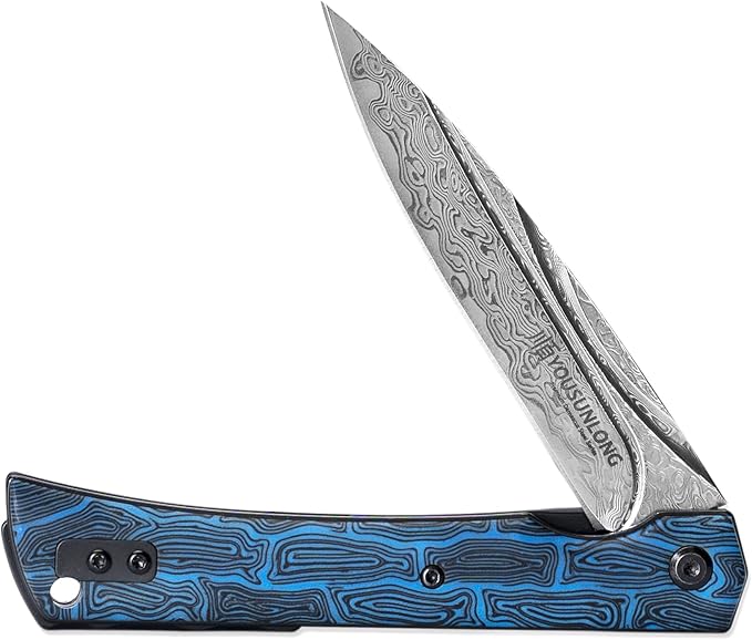 YOUSUNLONG Camping Folding Knife - Hammered Damascus Steel Blade Overall 215mm - Blue Damascus texture G10 Cover