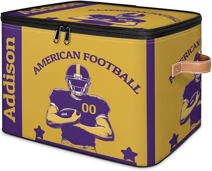 Custom Storage Bins with Zipper Lid American Football Personalized Foldable Storage Baskets Sport Closet Shelf Clothes Organizer Cube with PU Leather Handles