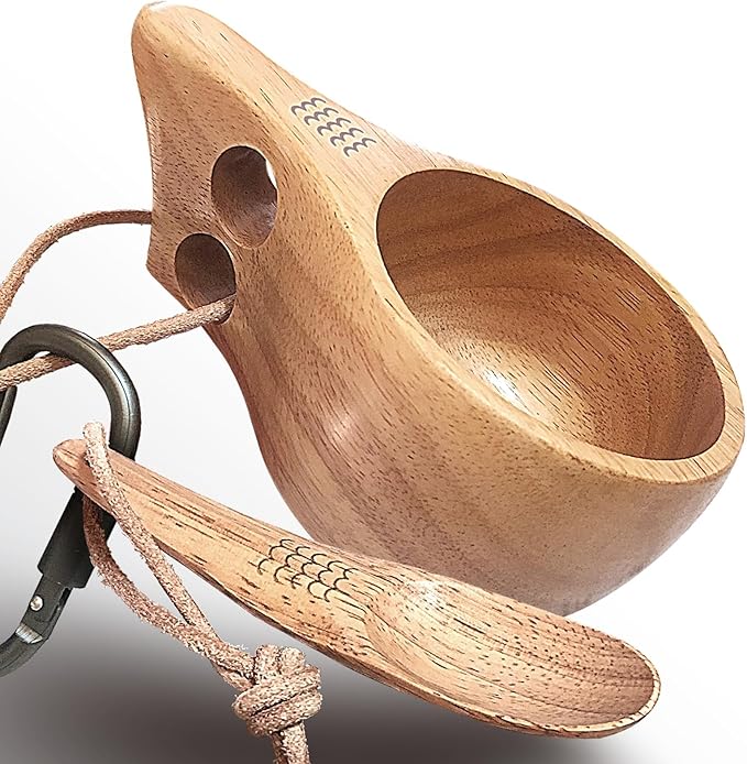 Nordic Kuksa 12oz (355ml) w/spoon Dual-Grip Wooden Camping Mug set - Bushcraft Hardwood Crafted for Travel &amp Home. Total Trail Control!