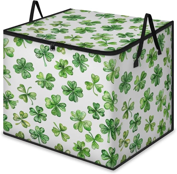 XL Large Clothes Storage with Lid Handle St.patrick's Day Large Thick Clothes Blanket Storage Containers for Organizing Bedroom Closet Comforter Green Shamrock Lucky Clover Leaf