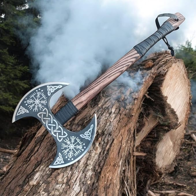 Double Head Viking Axe 27 Inch Handmade Real Viking Berserker Axe - Large Norse Axe Hand Forged Carbon Steel Axe Double Blade Ax - Hewing Broad Axe Best Gift for Men