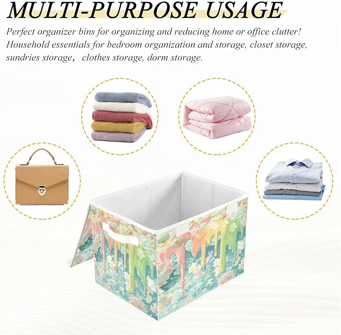 Storage Bins With Lid Stackable Fabric Closet Organizer Clothing Storage Large Boxes For Closet Shelves Bedroom Blue Flowers Meltingicecream Stars Soft