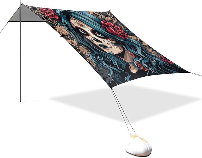 ALAZA Sugar Skull Girl Blue Hair Beach Tent Sun Shelter Portable Canopy Sunshade for Outdoor Camping Picnics Backyard Fun 10x9 ft