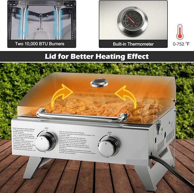 Giantex Portable Gas Grill with 2 Burner Max. 20000 BTU total Folding Legs Built-in Thermometer Travel Locks Stainless Steel Tabletop Propane Gas Grill for Camping Picnic Cookout RV BBQ