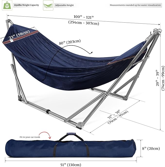 Tranquillo Adjustable Hammock Stand Collapsible Camping Hammock 650 lbs Capacity Deluxe Double Hammock Stand for 2 Persons Portable Everywhere Easy Assembly Non-Slip and Noise-Free Aegean