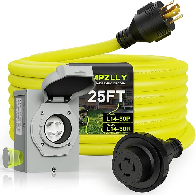 30 Amp Generator Cord 25FT and Power Inlet Box NEMA L14-30P/L14-30R 125/250V Twist Lock Connector with Pre-Drilled NEMA L14-30P Generator Inlet Box for Generator to House ETL Listed