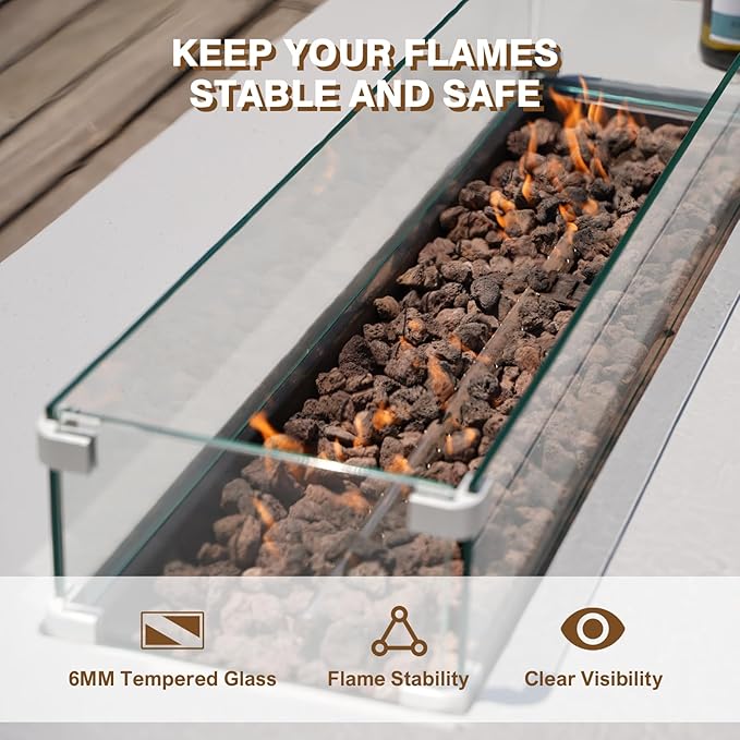 3-Piece Outdoor Propane Fire Pit Table Set – Premium Marble-Like MgO Finish 56-Inch Gas Fire Table with Tank Table &amp Glass Wind Guard for Patio Garden &amp Backyard Includes Rain Cover &amp L
